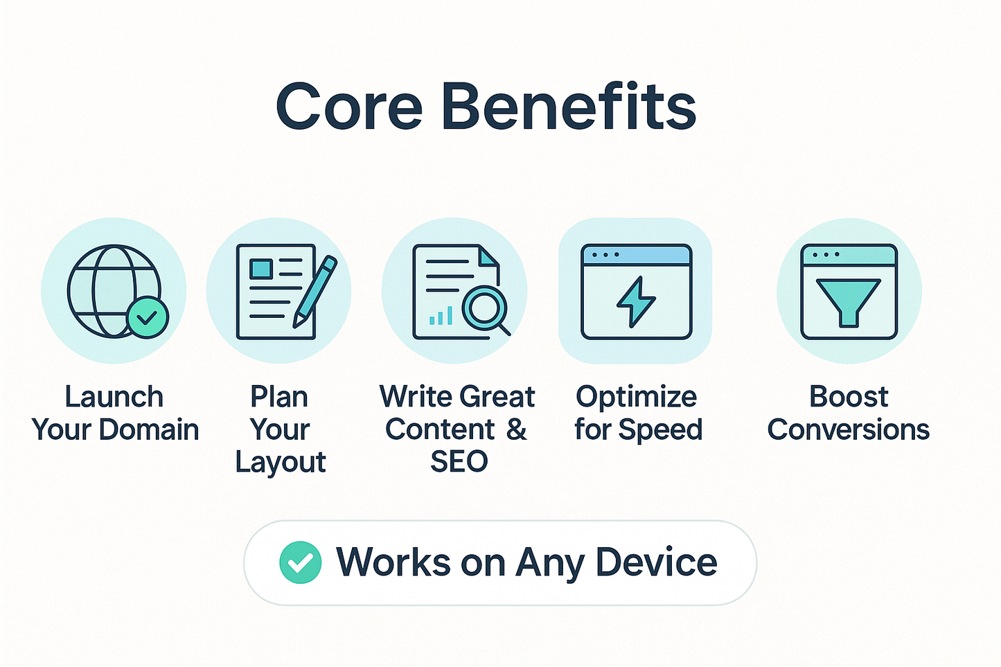 Core benefits of a web development tool with icons and text on a white background