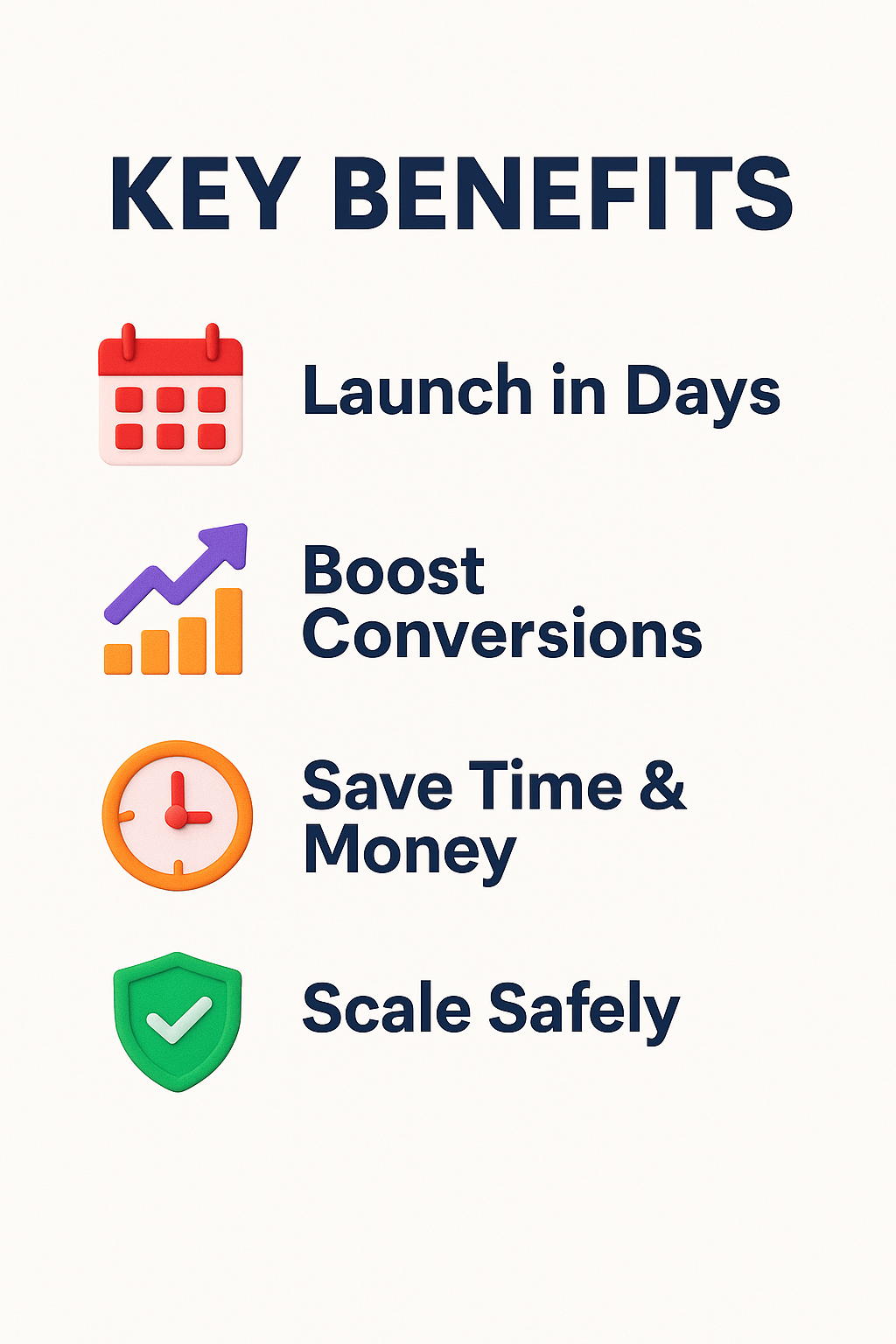 Key benefits listed with corresponding icons on a white background