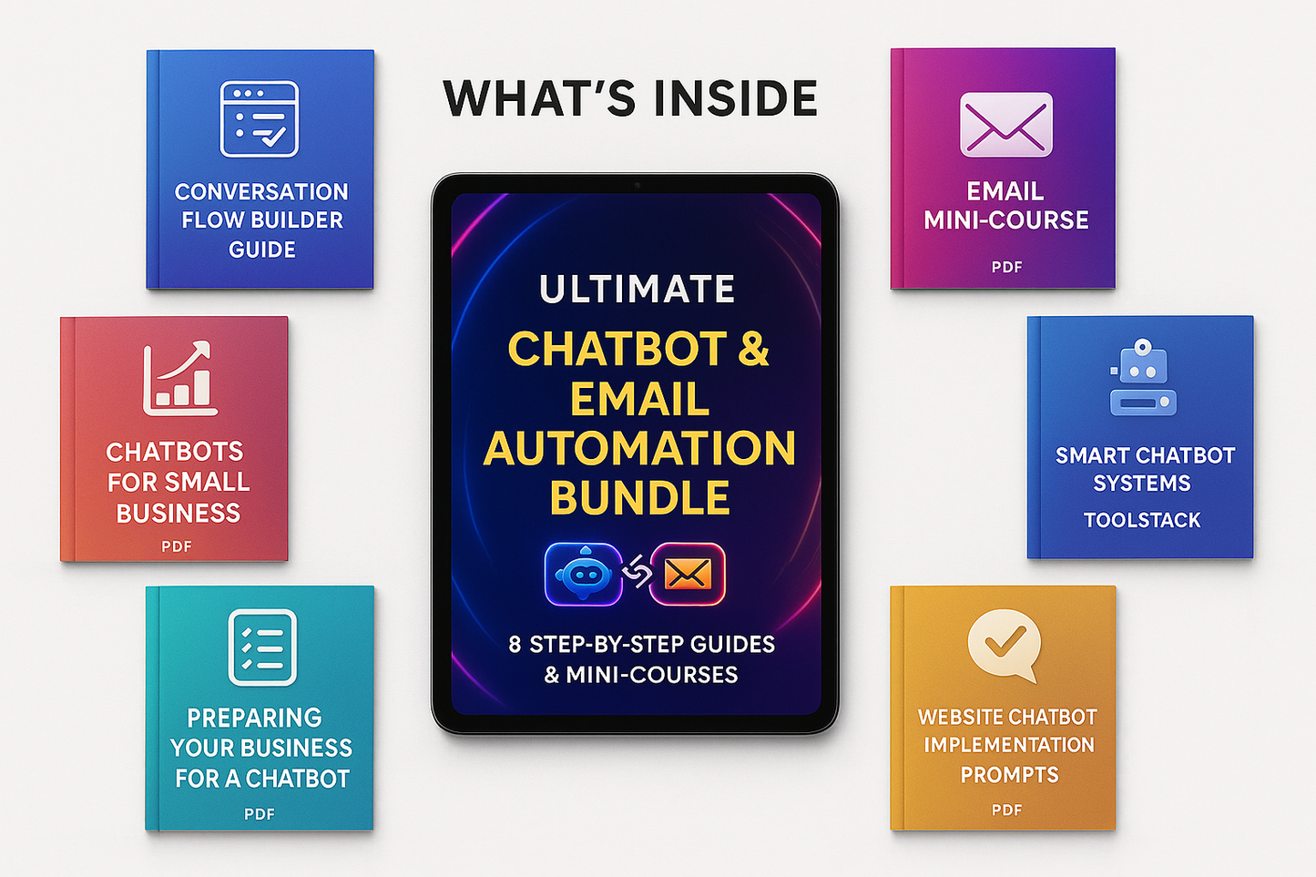 Promotional graphic for the 'Ultimate Chatbot & Email Automation Bundle' with icons and text on a white background.