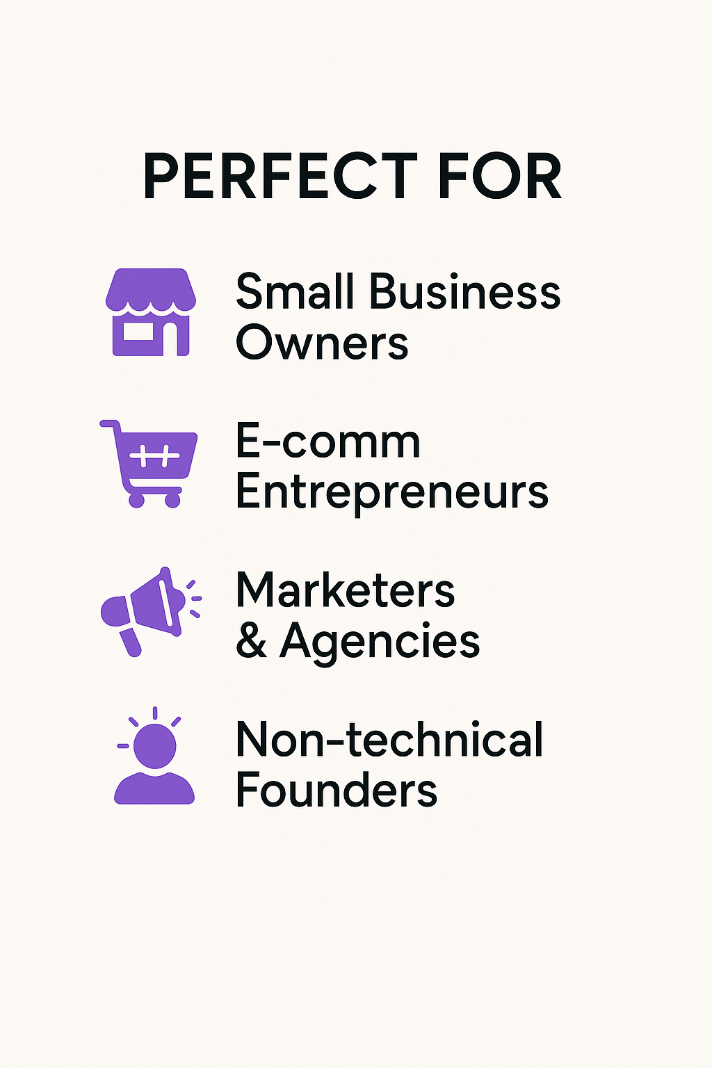 Text highlighting target audiences for a product or service on a white background