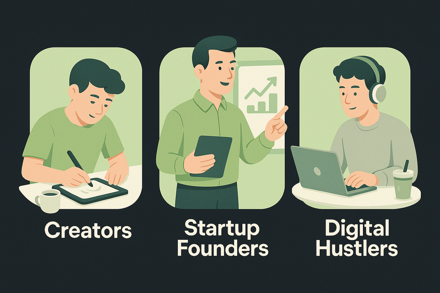 Illustrations of a creator, startup founder, and digital hustler with corresponding labels on a dark background.