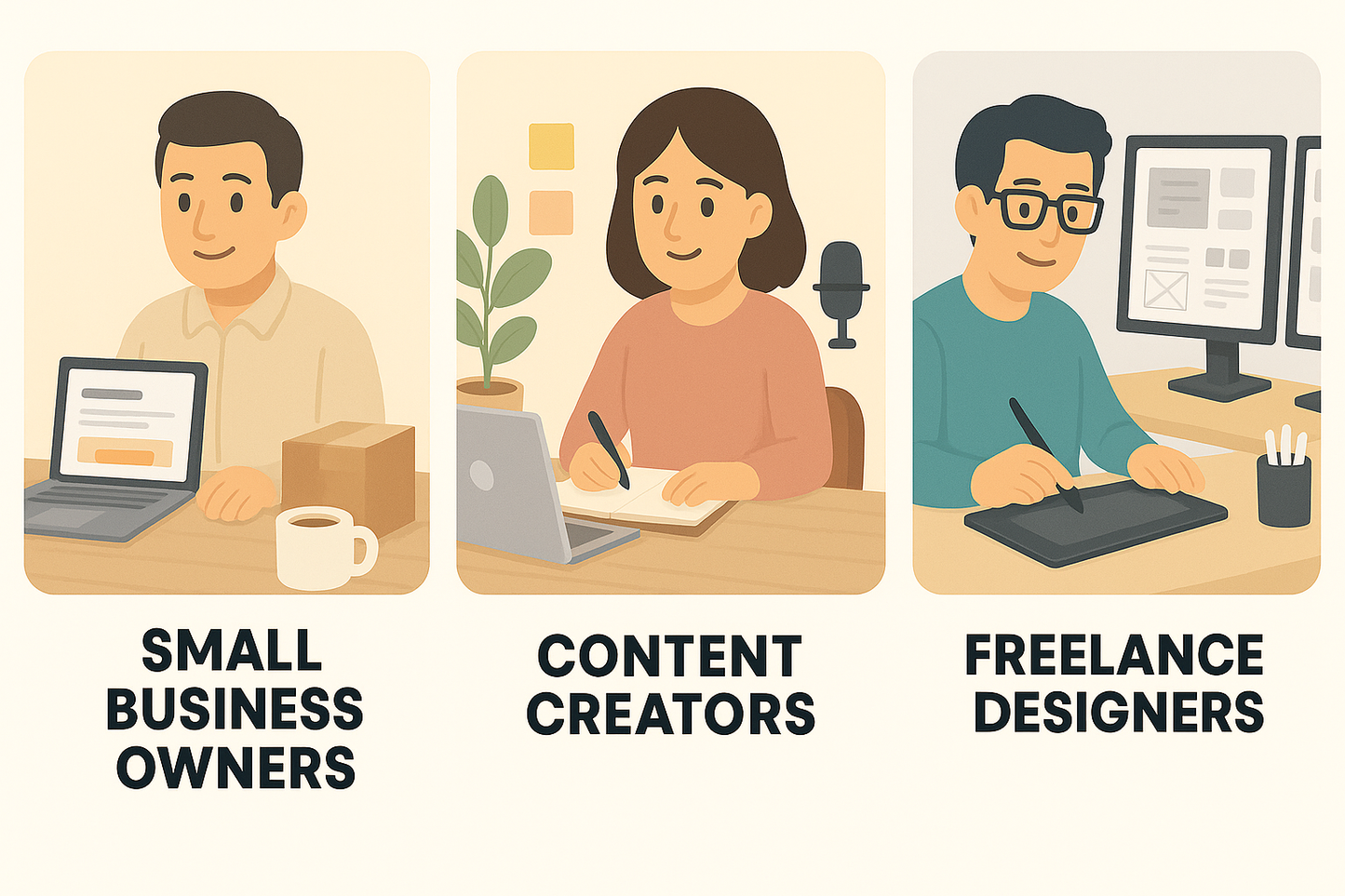 Illustrations of small business owners, content creators, and freelance designers with their respective activities.