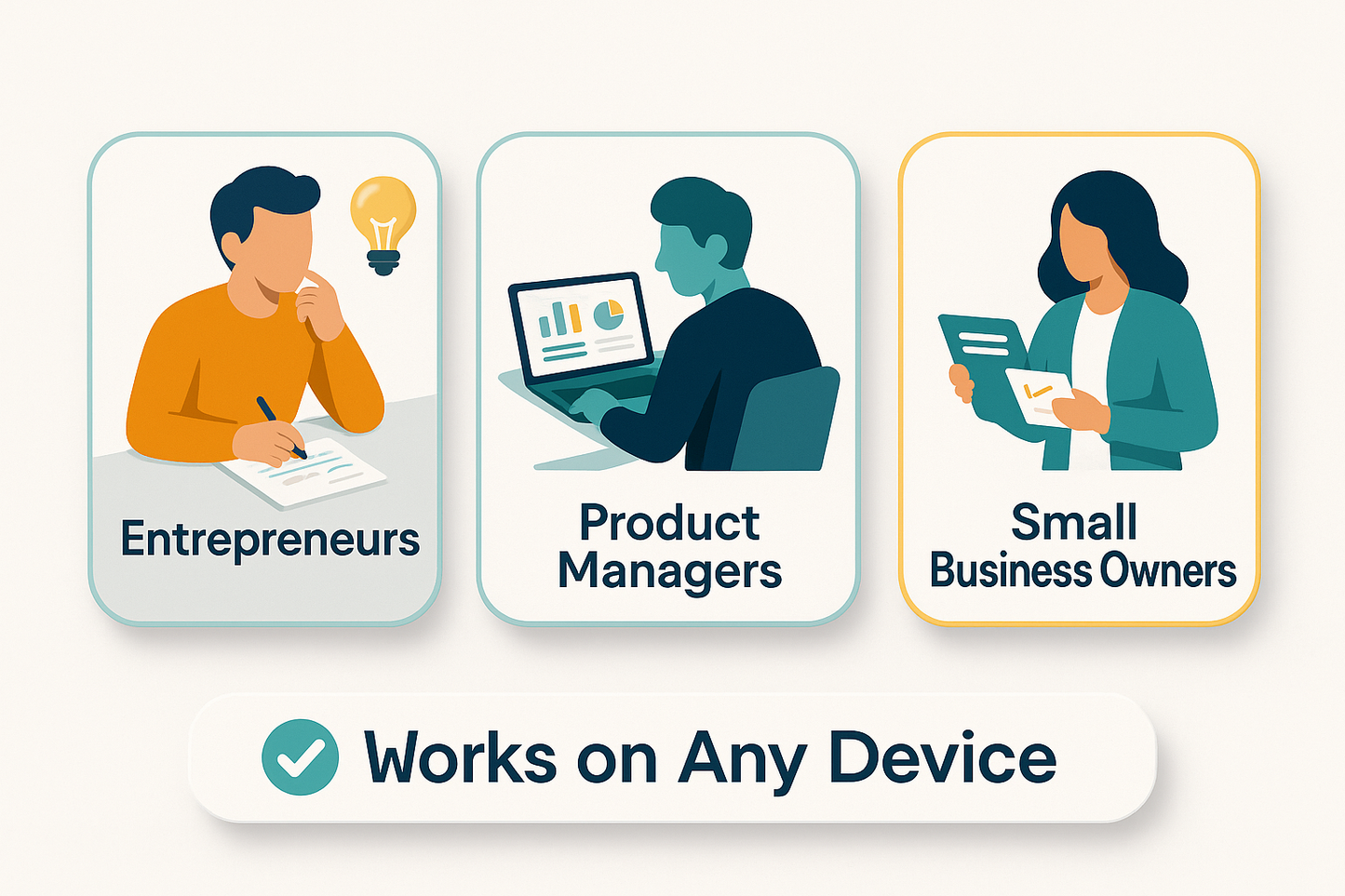 Three illustrated figures representing entrepreneurs, product managers, and small business owners with text 'Works on Any Device' below.