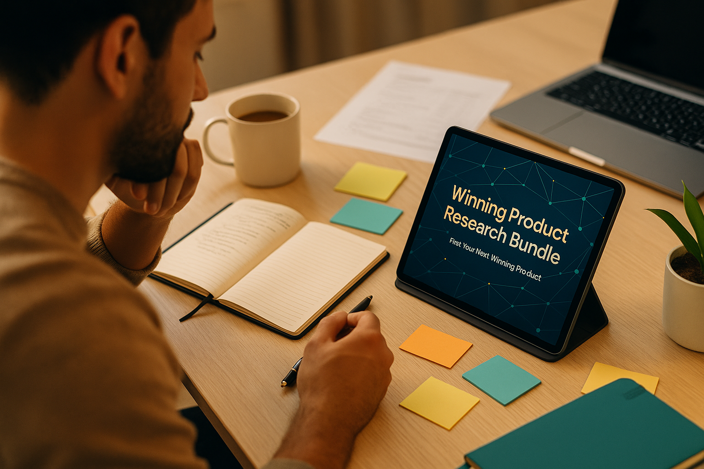 Person at a desk with a tablet displaying 'Winning Product Research Bundle' and a cup of coffee.