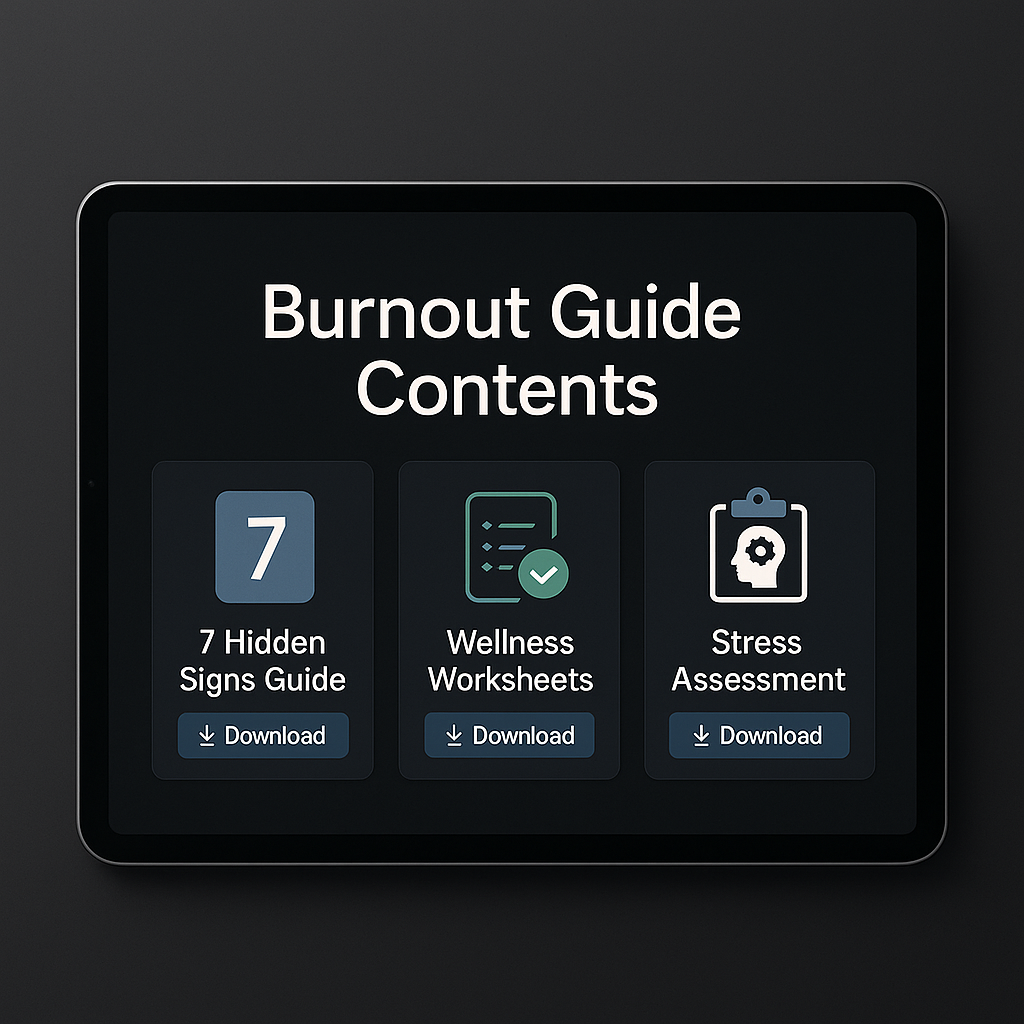 Burnout guide contents displayed on a tablet screen with icons and text.