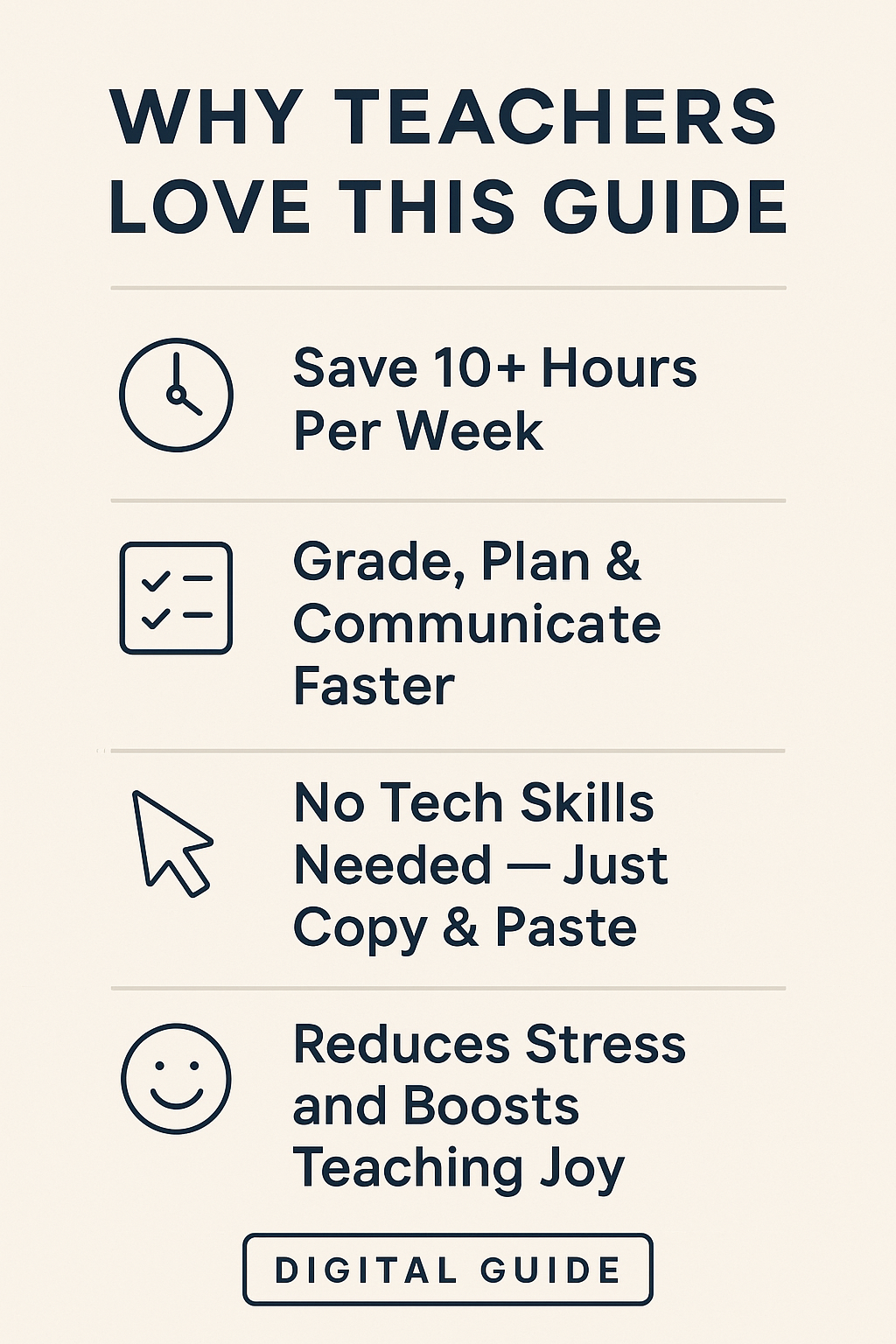 Promotional text highlighting benefits of a digital guide for teachers on a beige background.
