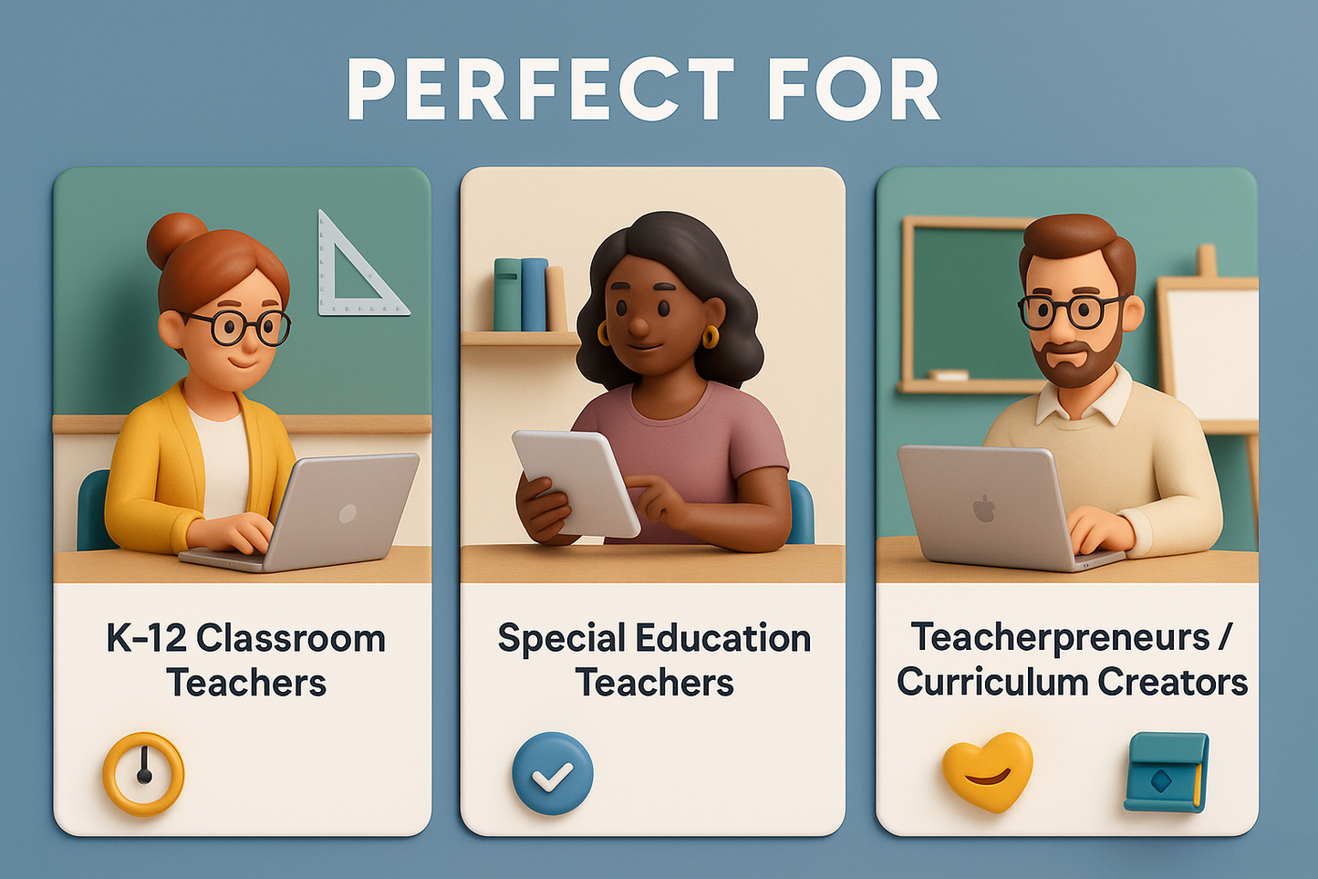 Three illustrated characters with educational tools labeled for K-12 teachers, special education teachers, and teacherpreneurs/curriculum creators.