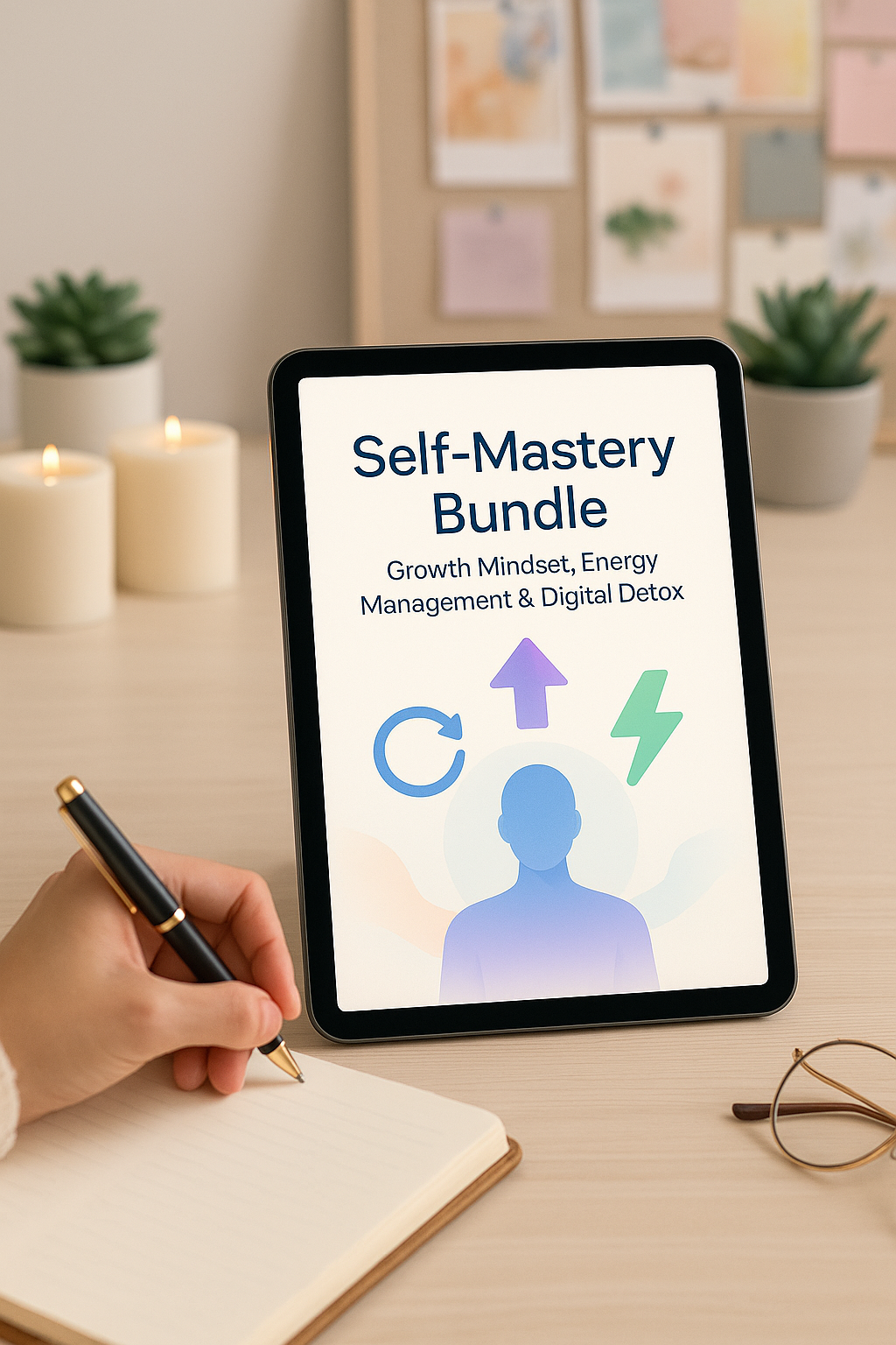 Tablet displaying 'Self-Mastery Bundle' on a desk with a hand holding a pen.