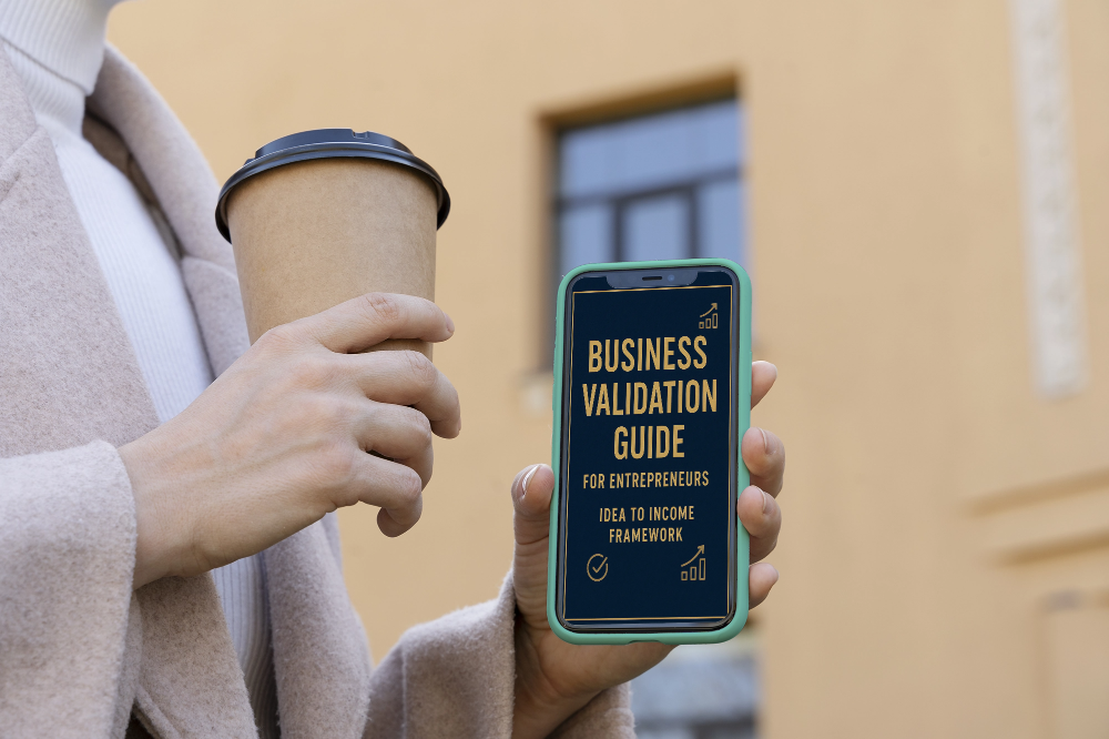 Person holding a phone with a business validation guide app and a coffee cup outdoors.