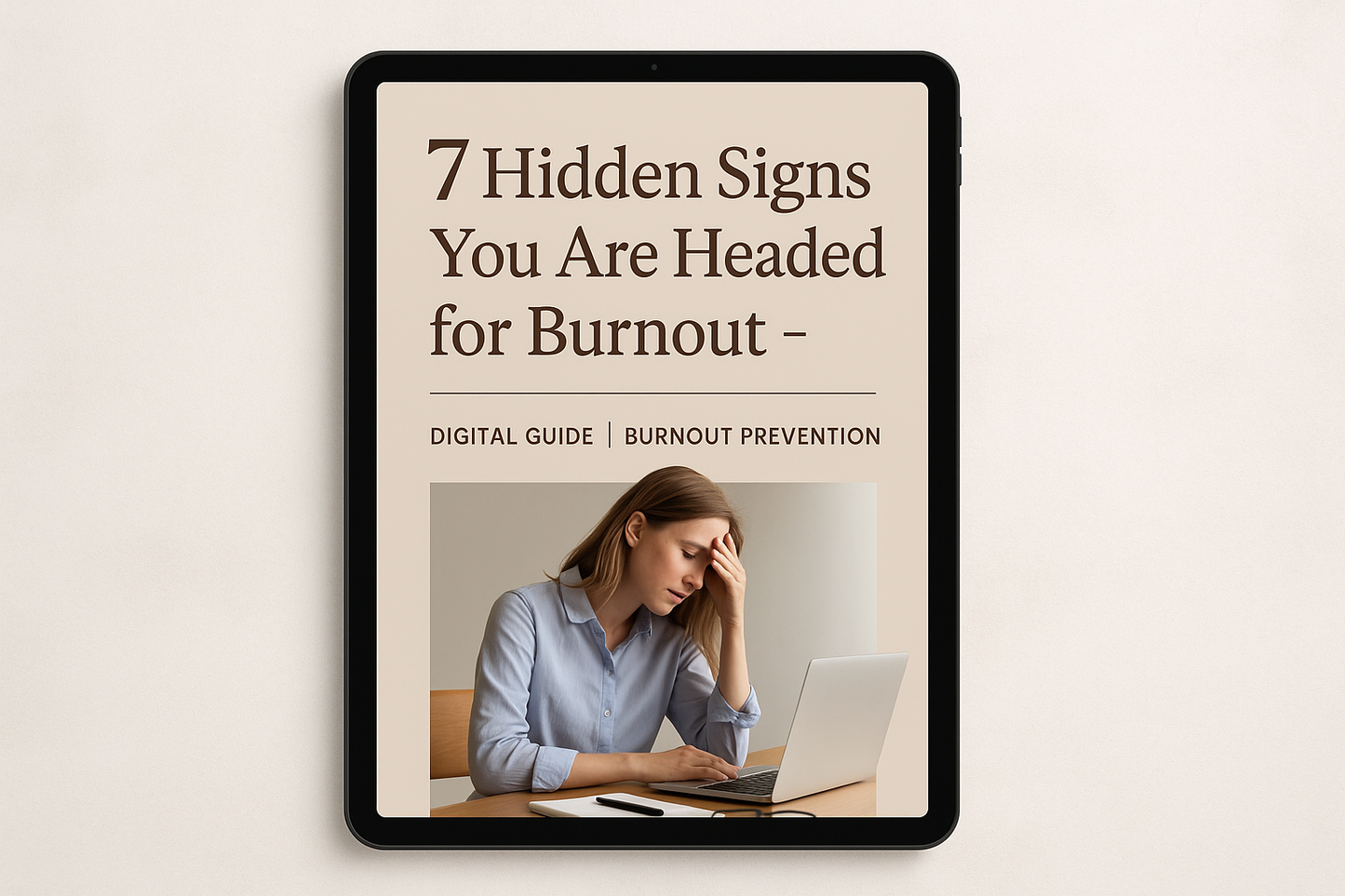 A sleek digital device displaying the cover of an ebook titled '7 Hidden Signs You Are Headed for Burnout -'. The ebook cover features an eye-catching design with a bold headline emphasizing burnout prevention. The background is designed to convey urgency and awareness regarding mental health, suitable for a digital guide.