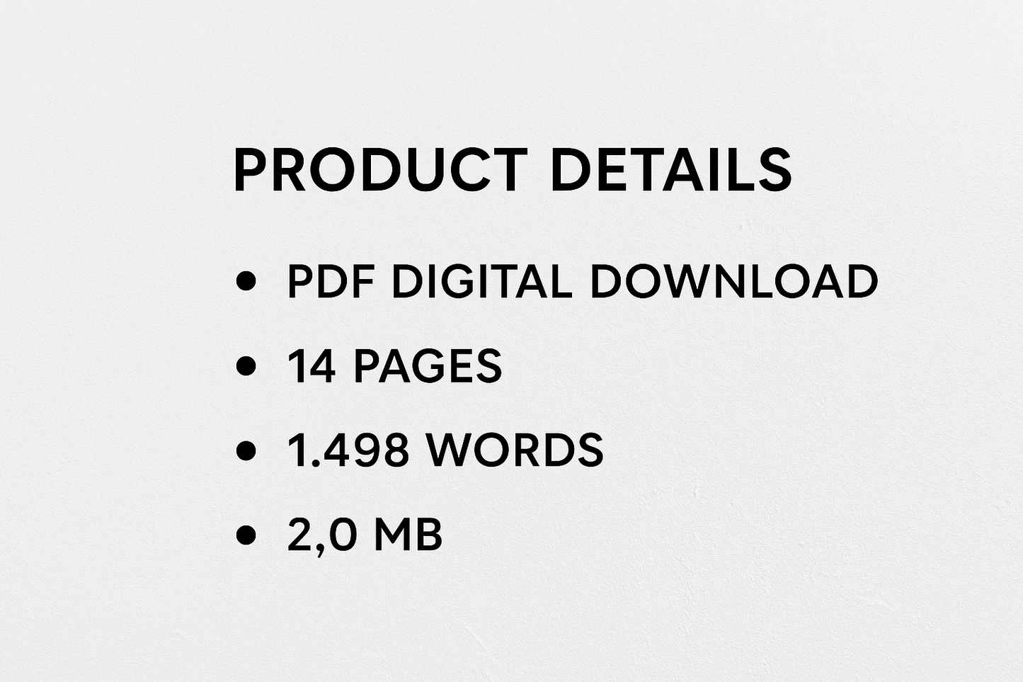 An informative digital graphic displaying product details for a PDF digital download. The graphic highlights key specifications including 'Format: PDF Digital Download', 'Pages: 14 pages', 'Word Count: 1,498 words', and 'File Size: 2.0 MB'. The design is clean and professional, suitable for an online marketplace.