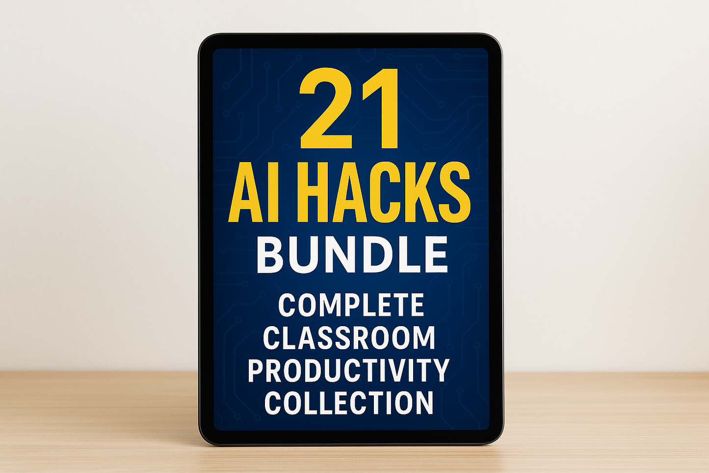 A digital device, such as a tablet or e-reader, showcasing the ebook cover for '21 AI Hacks Bundle - Complete Classroom Productivity Collection'. The cover features a modern and sleek design, with the title prominently displayed in bold lettering, designed to capture the attention of educators seeking to enhance their classroom productivity with AI tools.