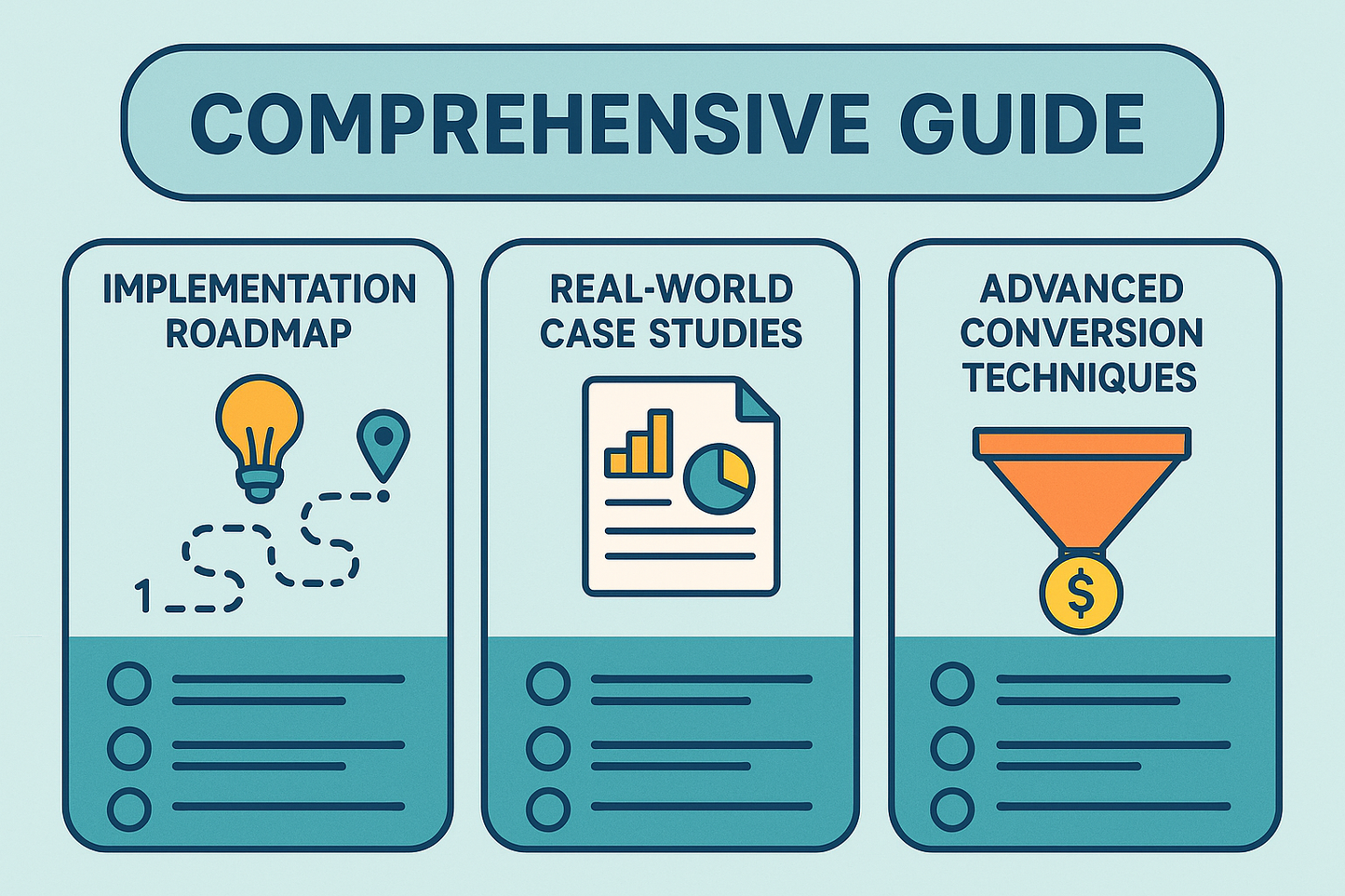 Comprehensive guide with implementation roadmap, real-world case studies, and advanced conversion techniques on a blue background.