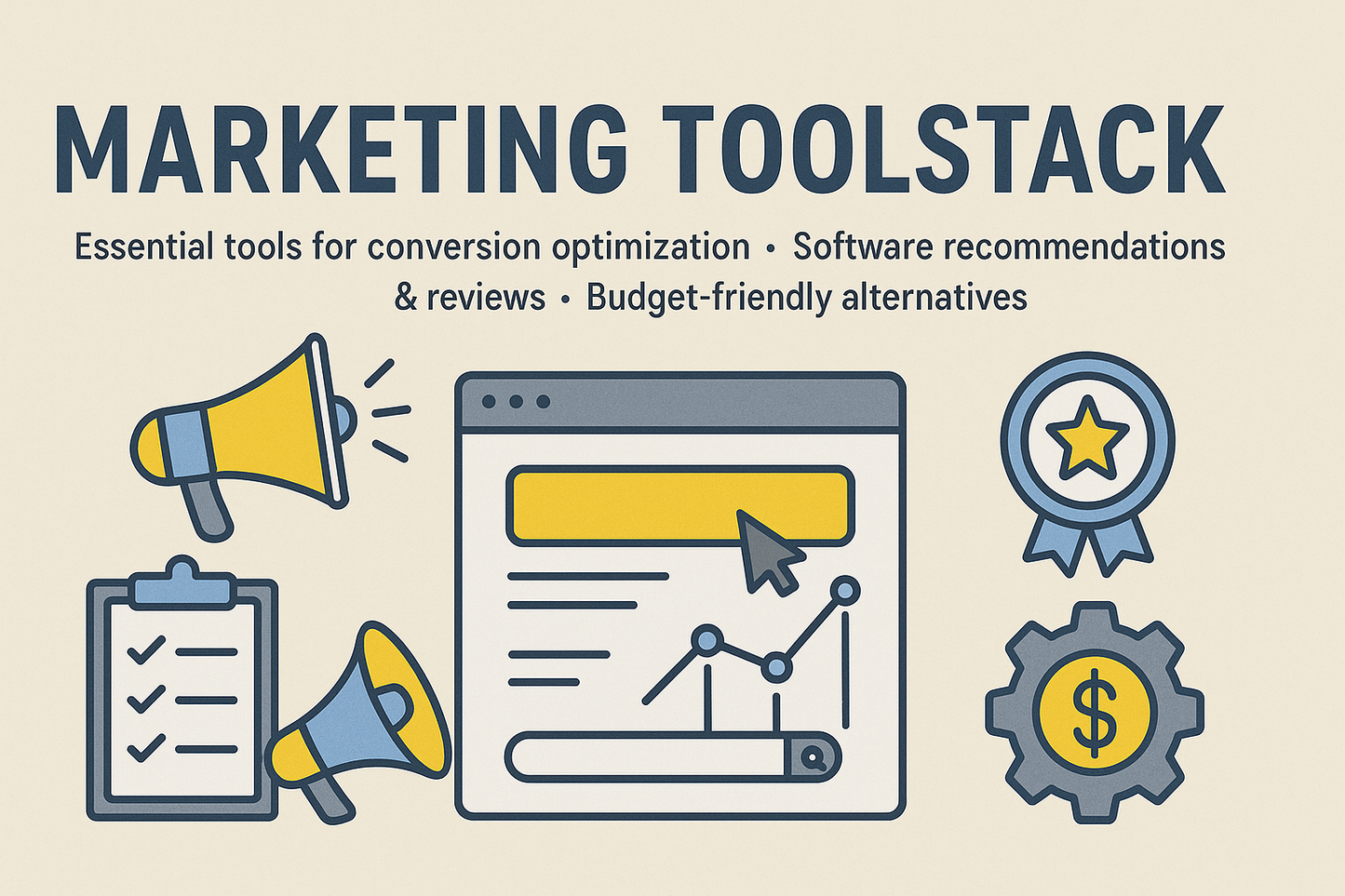 Marketing toolstack infographic with icons and text on a beige background