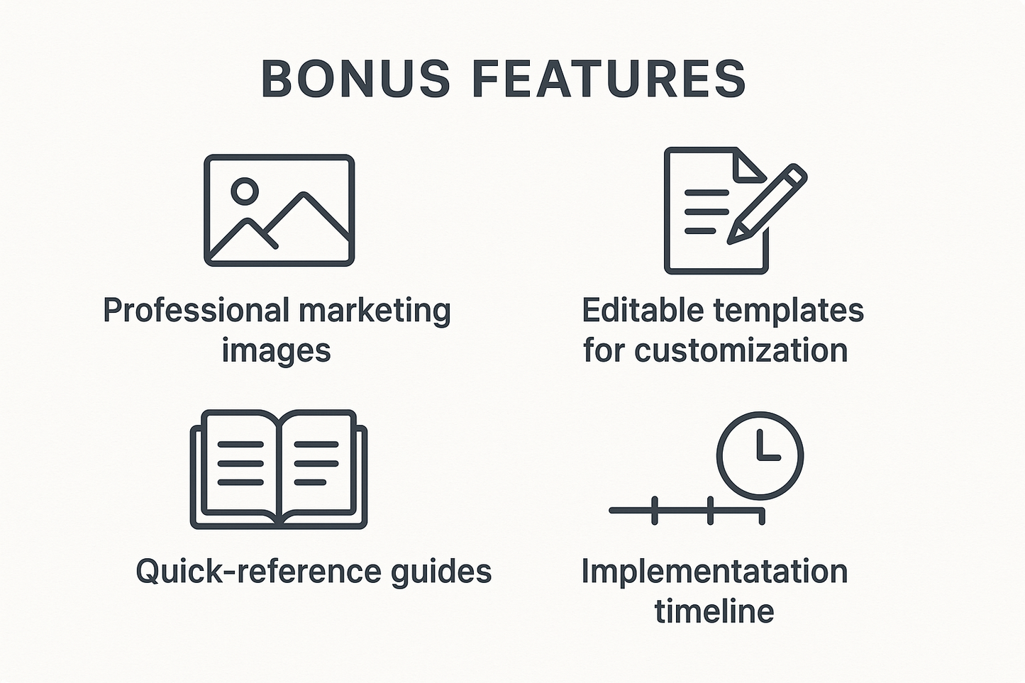 A visually engaging graphic showcasing a collection of professional marketing images that exude creativity and professionalism. The design features colorful editable templates that suggest customization options, along with quick-reference guides and an implementation timeline depicted in a clear and organized layout. This image is tailored for promotional use, emphasizing the valuable bonus features offered.