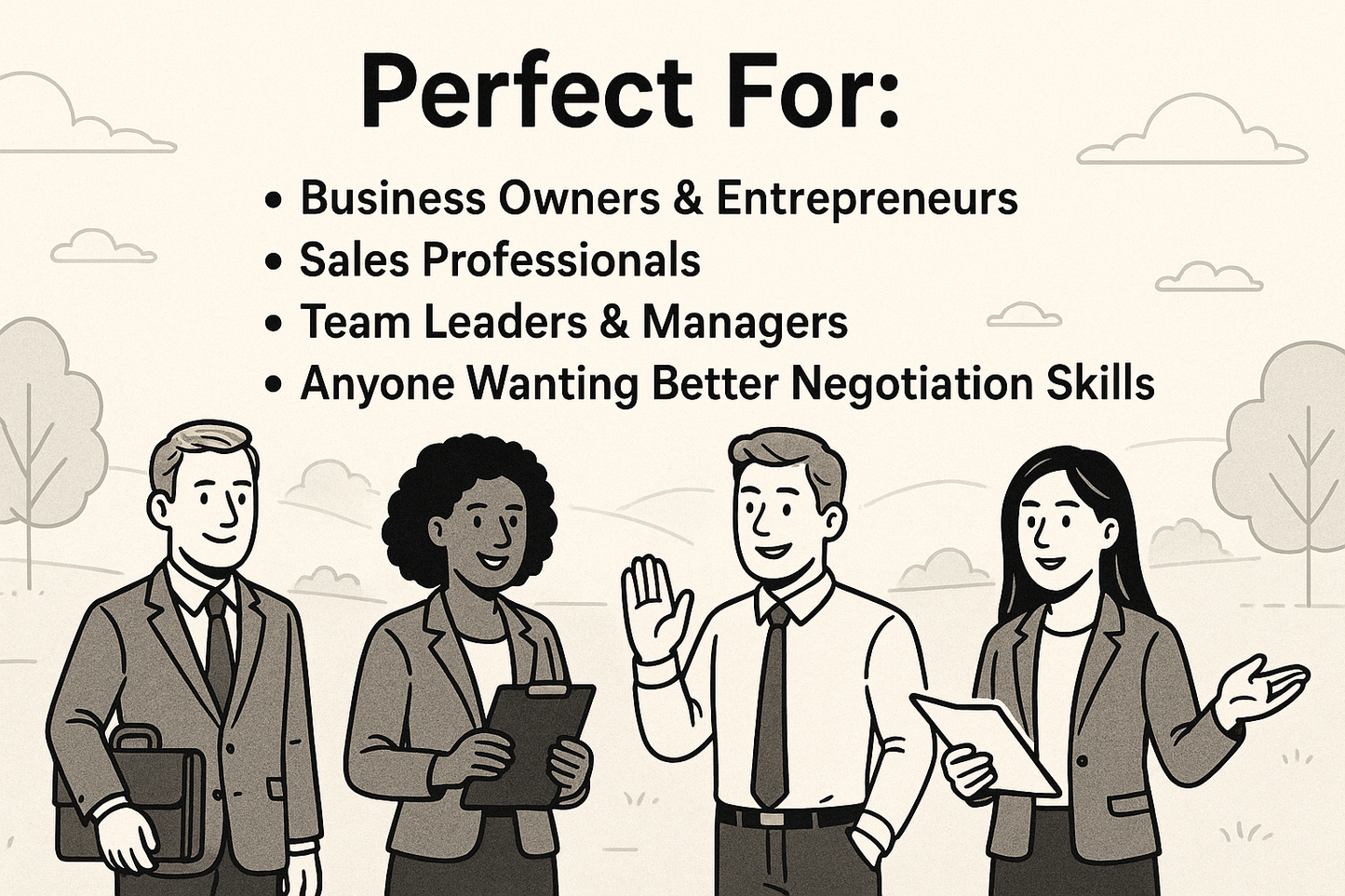 A professional, minimalistic landscape banner featuring a sleek design with subtle gradients and clean lines, representing business themes. The image is tailored for business owners, sales professionals, and team leaders, conveying a sense of empowerment and collaboration, ideal for promoting negotiation skills.
