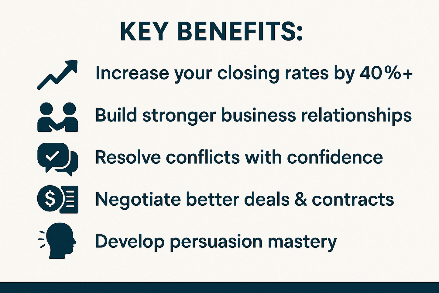 A sleek, modern banner design featuring dynamic text that highlights key benefits of improving business skills, including increasing closing rates, building relationships, resolving conflicts, negotiating deals, and mastering persuasion. The background combines a gradient of professional colors, creating an inspiring and motivating atmosphere.