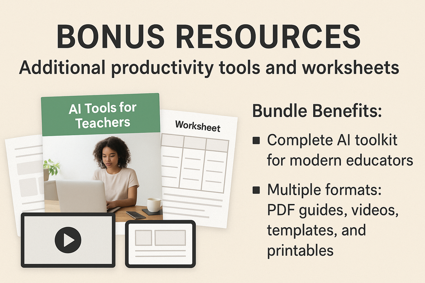 A sleek, modern landscape banner featuring an organized array of educational resources including productivity tools, worksheets, and templates. The design communicates the benefits of a comprehensive AI toolkit for modern educators, showcasing multiple formats such as PDF guides and videos in a clean and minimalistic style.