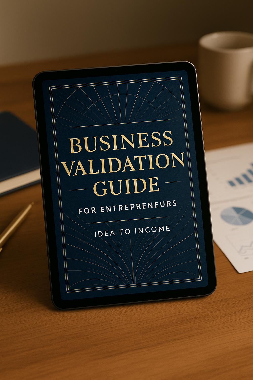 Tablet displaying 'Business Validation Guide for Entrepreneurs' on a wooden surface with a cup and papers in the background.