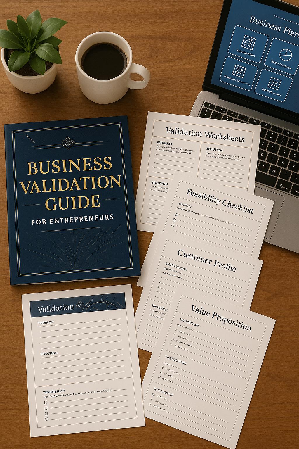 Business validation guide for entrepreneurs on a desk with a laptop and coffee.