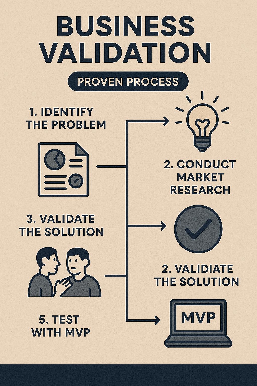 Flowchart of a business validation process on a beige background