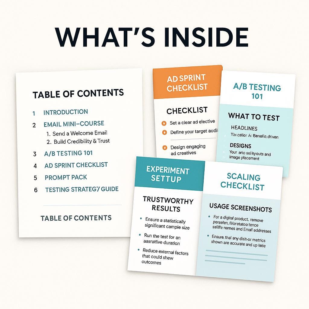 A/B Testing and Ad Optimization Ebook Bundle | 7-Day Ad Sprint, Email Mini-Course, Prompts, Checklists & A/B Testing Guides for Marketers