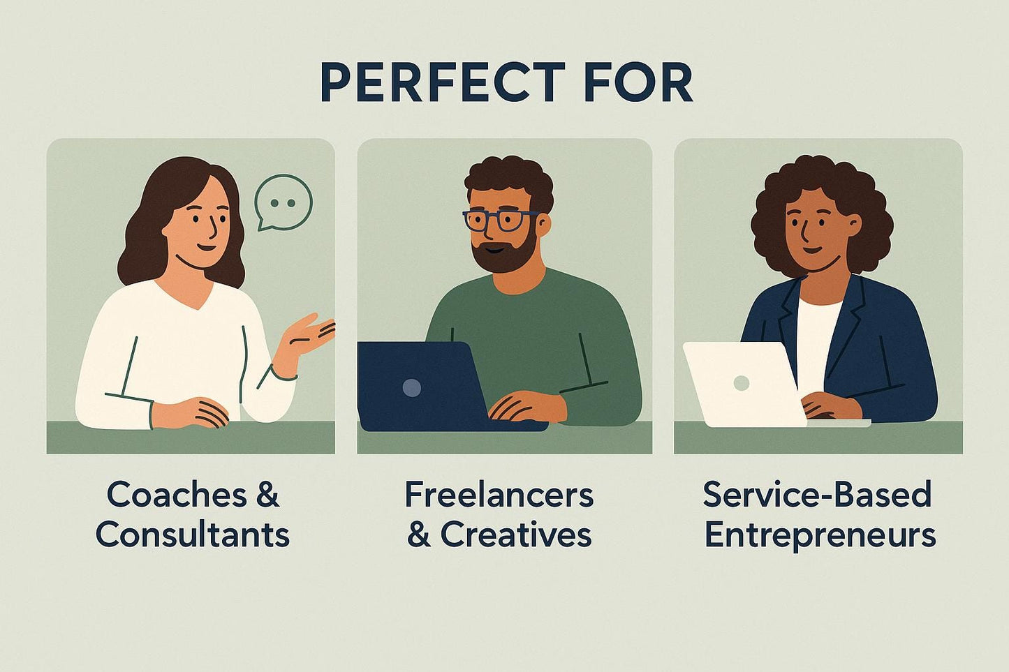 Illustrations of three people using laptops with text indicating suitability for coaches, freelancers, and service-based entrepreneurs.
