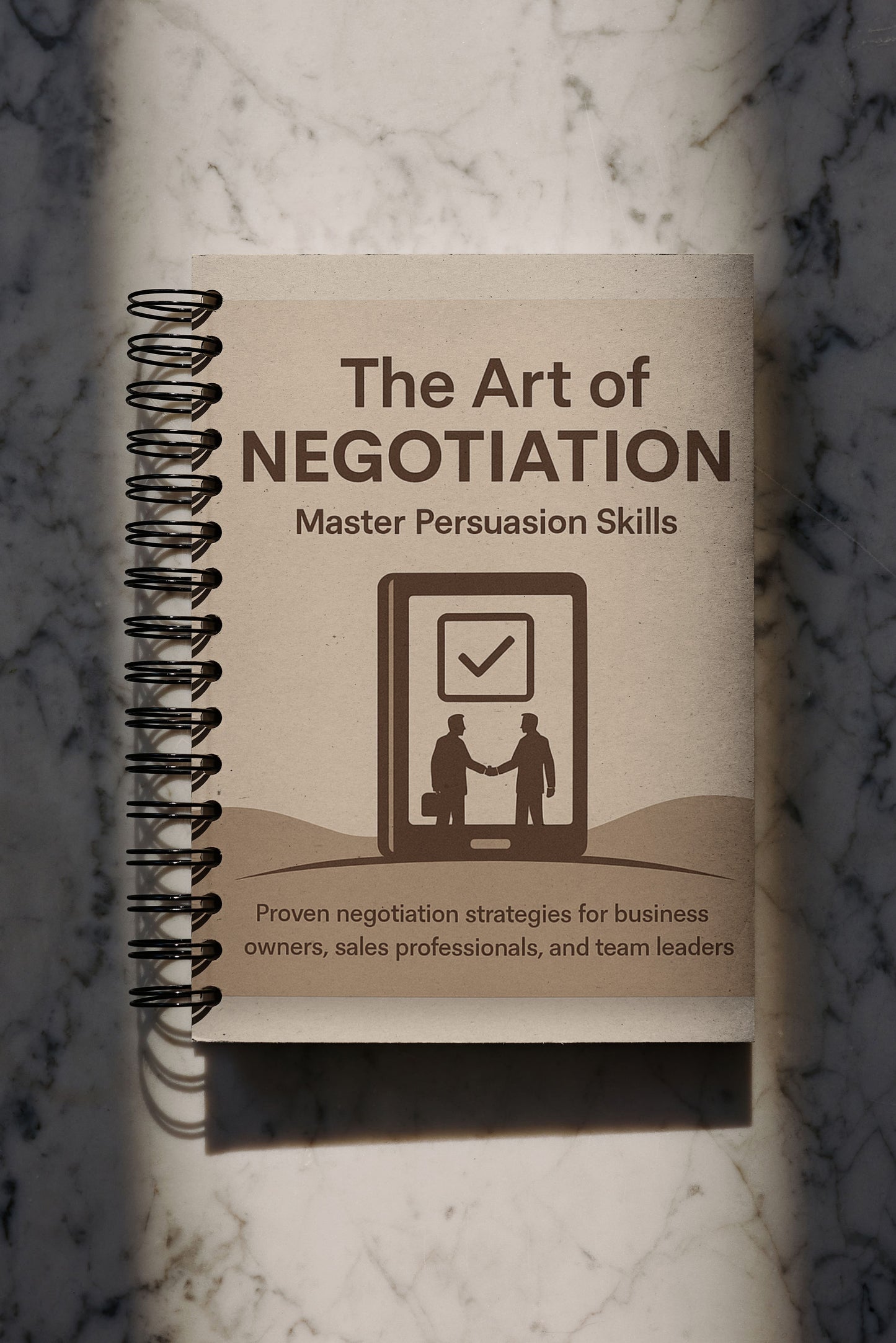 Notebook titled 'The Art of Negotiation' on a marble surface