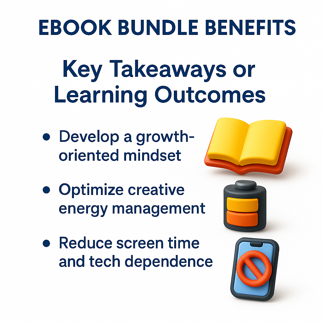 Ebook bundle benefits with icons for growth mindset, energy management, and screen time reduction on a white background.