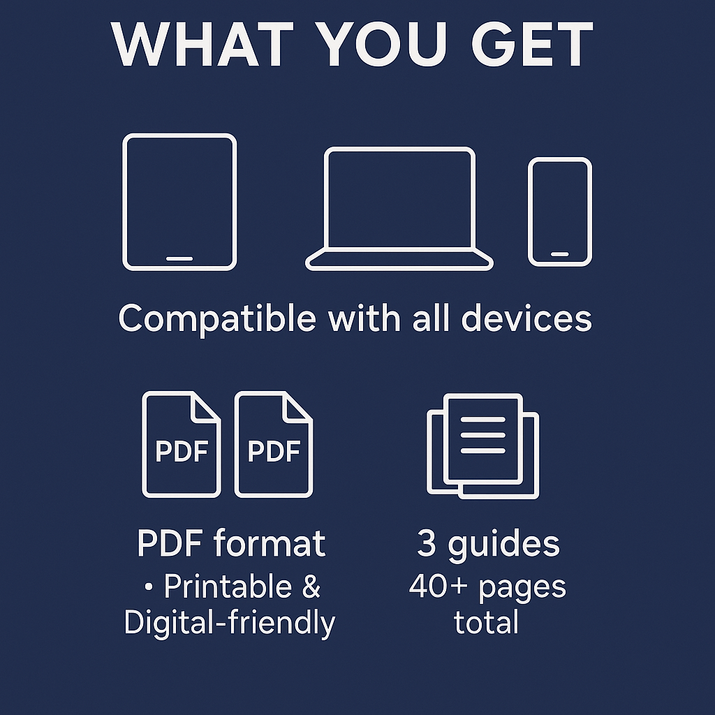 Text and icons on a blue background about device compatibility, PDF format, and guides.
