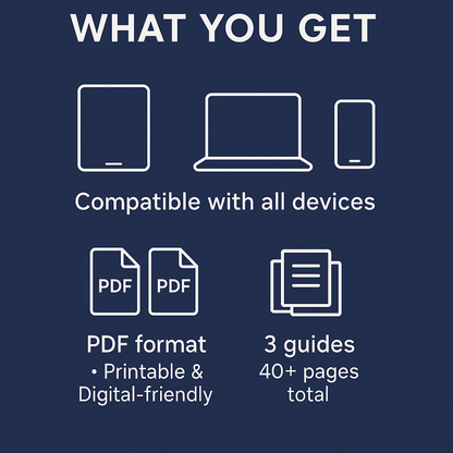 Text and icons on a blue background about device compatibility, PDF format, and guides.