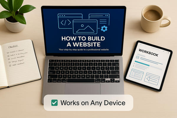 Laptop displaying 'How to Build a Website' on a desk with a tablet and notebook.