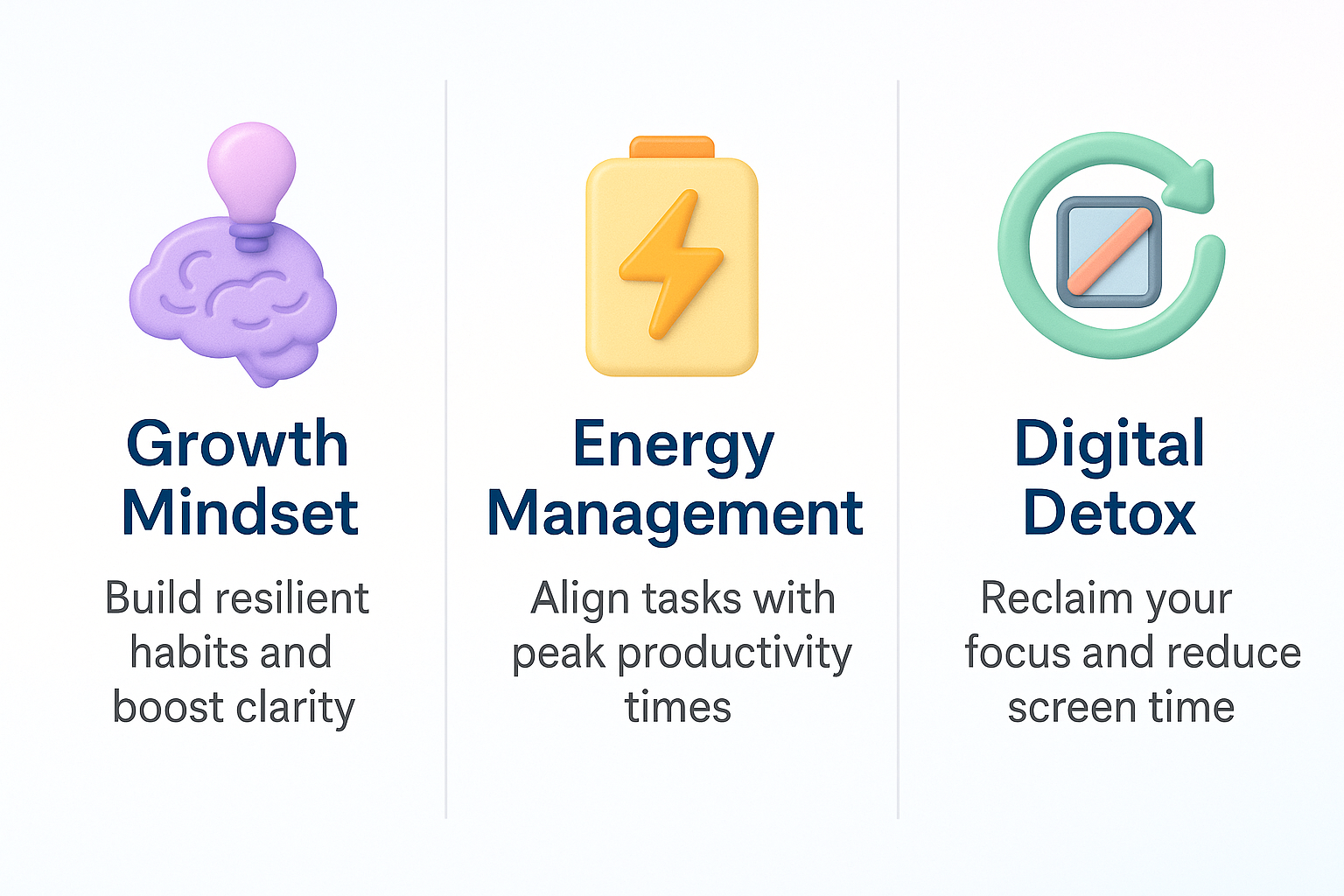 Three icons representing 'Growth Mindset', 'Energy Management', and 'Digital Detox' with brief descriptions on a white background.