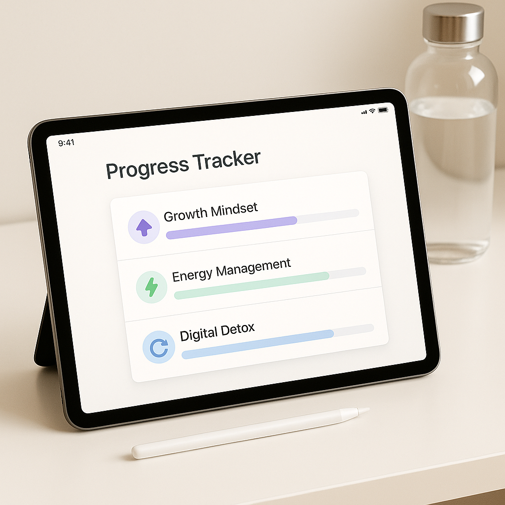 Tablet displaying a 'Progress Tracker' with three categories on a desk.