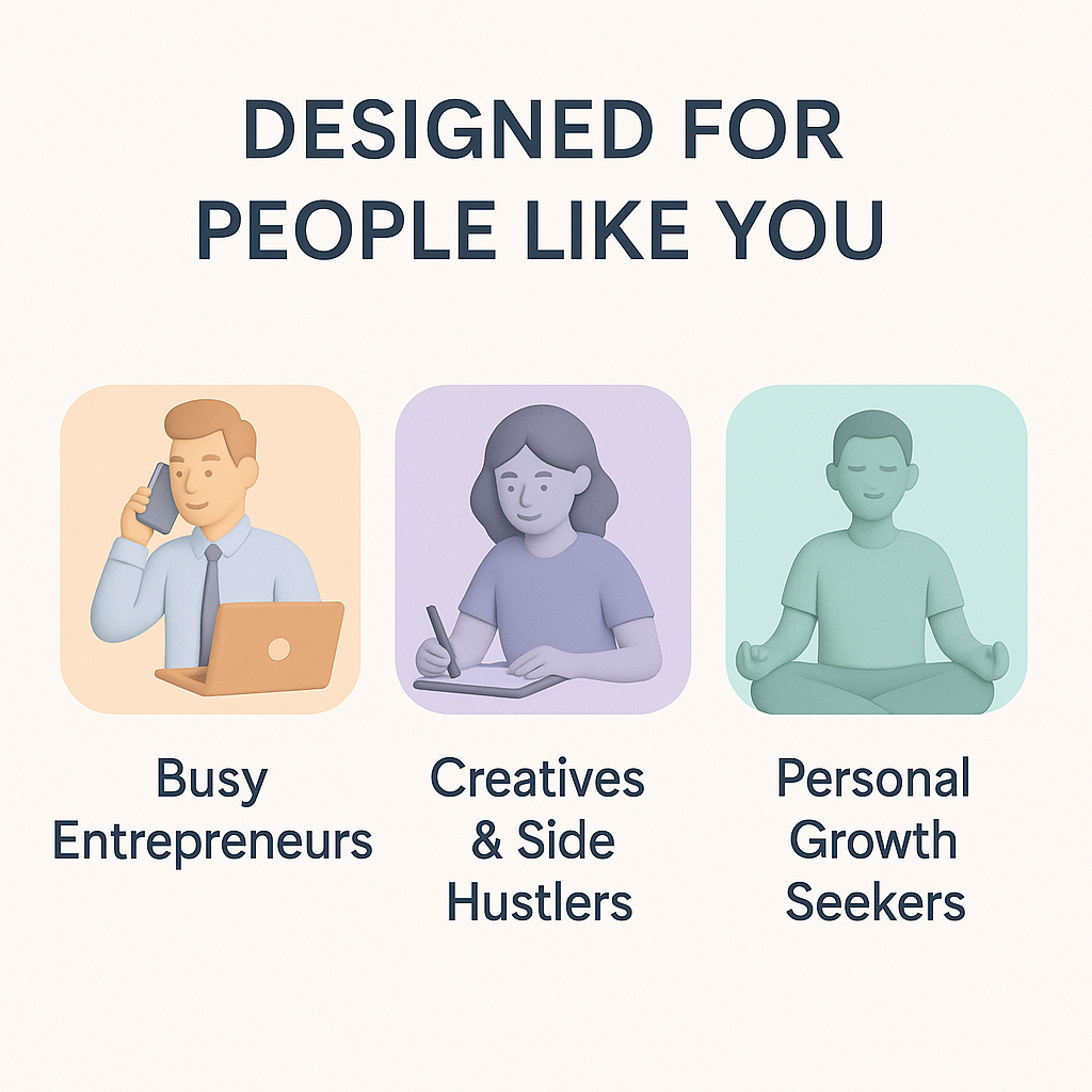 Three illustrated figures representing different personas with text 'Designed for people like you' above them.