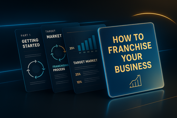 Book titled 'How to Franchise Your Business' on a dark background with glowing text.