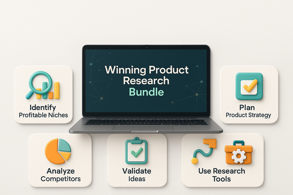 Laptop with 'Winning Product Research Bundle' on screen, surrounded by icons for product research steps.