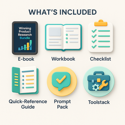 Icons representing Winning Product Research Bundle components including E-book, Workbook, Checklist, Quick-Reference Guide, Prompt Pack, and Toolstack on a white background.