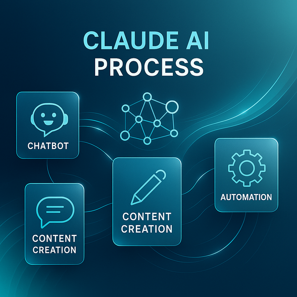 Diagram of the Claude AI process with chatbot, content creation, and automation icons on a dark blue background.