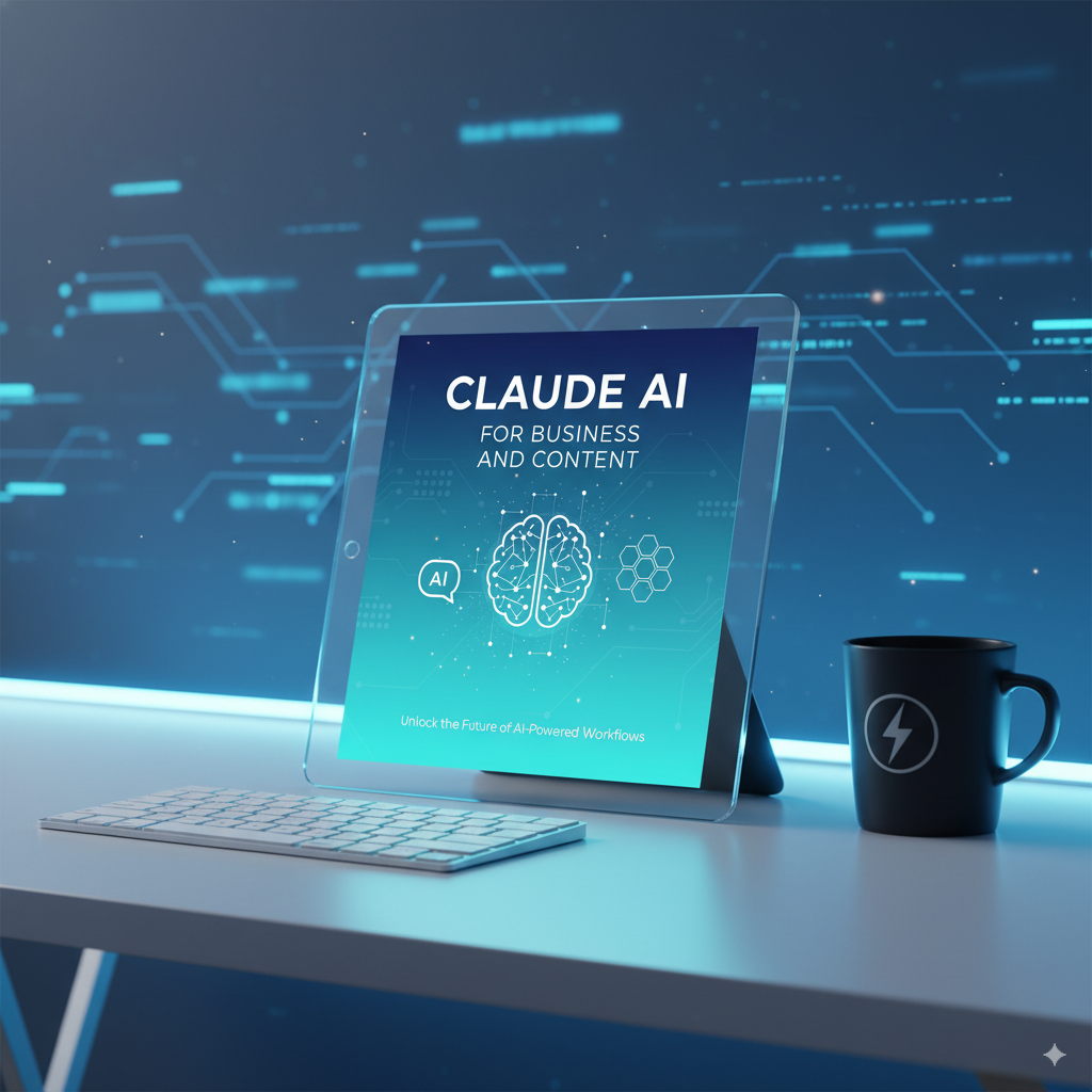 Tablet displaying 'Claude AI' on a desk with a keyboard and mug, against a digital circuit board background.