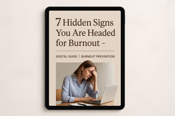 A sleek digital device displaying the cover of an ebook titled '7 Hidden Signs You Are Headed for Burnout -'. The ebook cover features an eye-catching design with a bold headline emphasizing burnout prevention. The background is designed to convey urgency and awareness regarding mental health, suitable for a digital guide.
