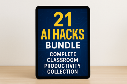 A digital device, such as a tablet or e-reader, showcasing the ebook cover for '21 AI Hacks Bundle - Complete Classroom Productivity Collection'. The cover features a modern and sleek design, with the title prominently displayed in bold lettering, designed to capture the attention of educators seeking to enhance their classroom productivity with AI tools.
