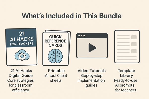 A clean and modern landscape-style banner featuring visual elements representing a digital education bundle. The design includes icons symbolizing a digital guide, quick reference cards, video tutorials, and a template library, all arranged in an organized layout. The overall aesthetic is minimalistic, emphasizing clarity and efficiency, suitable for promoting AI tools for educators.
