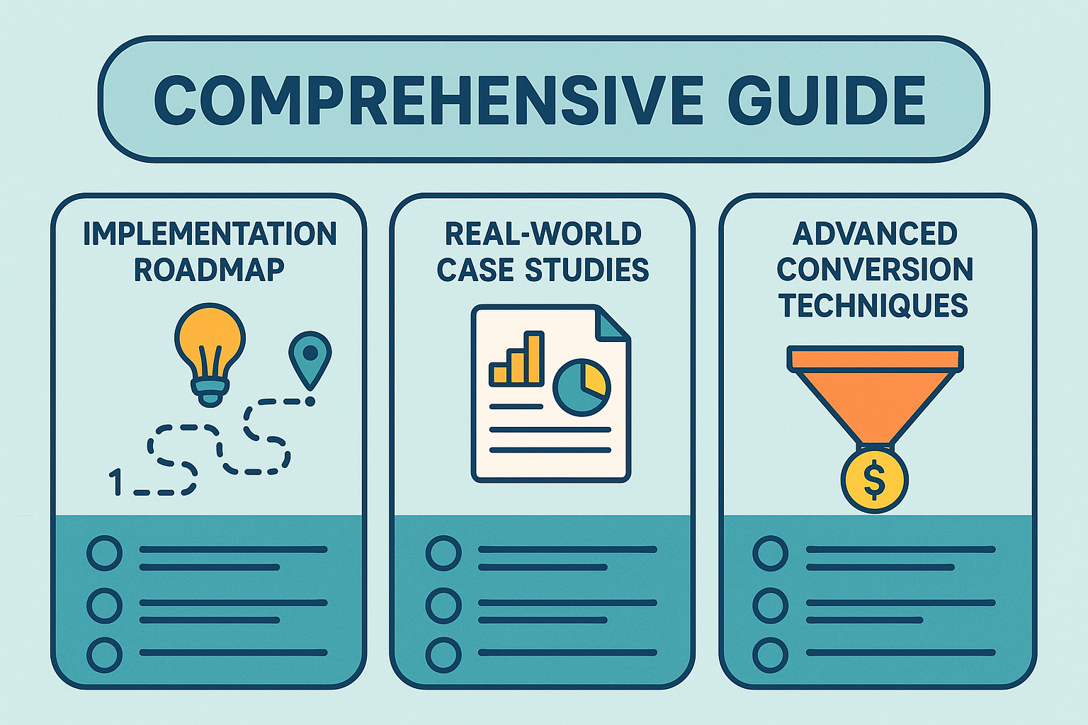 Comprehensive guide with implementation roadmap, real-world case studies, and advanced conversion techniques on a blue background.