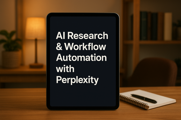 Tablet displaying 'AI Research & Workflow Automation with Perplexity' on a desk in a dimly lit room.
