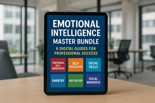 A digital device mockup featuring the Ebook cover 'Emotional Intelligence Master Bundle: 6 Digital Guides for Professional Success,' displayed prominently against a sleek, modern office background. The cover design features rich, engaging colors, suggesting themes of professionalism and personal growth, while the office setting enhances the context of productivity and success.
