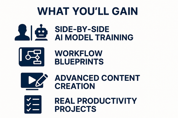 List of benefits including side-by-side AI model training, workflow blueprints, advanced content creation, and real productivity projects on a white background.