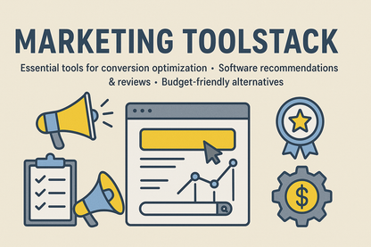 Marketing toolstack infographic with icons and text on a beige background