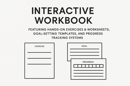 A modern, minimalist interactive workbook layout, showcasing a variety of hands-on exercises and worksheets. The design features clean lines, ample white space, and organized sections for goal-setting templates and progress tracking systems, creating an inviting and functional aesthetic.
