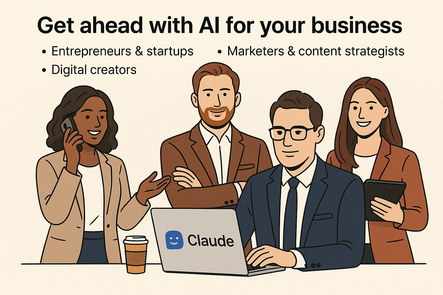 Illustration of people using technology with a focus on AI, featuring the Claude logo.